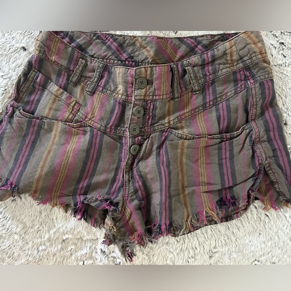 Free People Pink and Olive Striped Shorts Distressed Casual